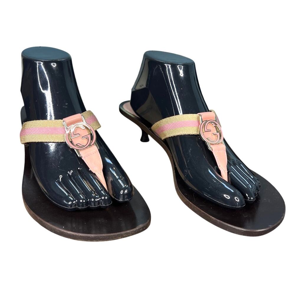 Vintage Gucci Interlocking Pink Canvas Thong Wooden Sandals Size 9.5 - Picture 5 of 12